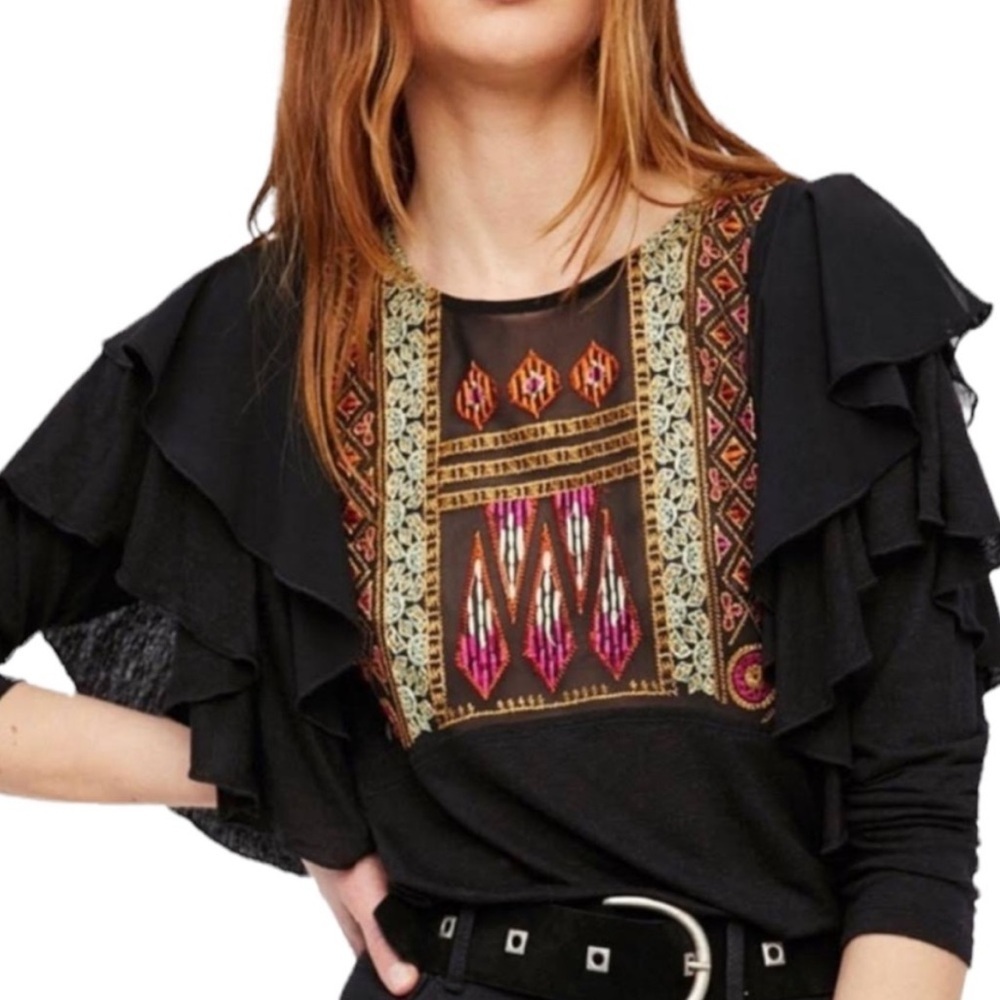 Free People La Cienga Embroidered Top Size Small Black Long Sleeve Boho Blouse